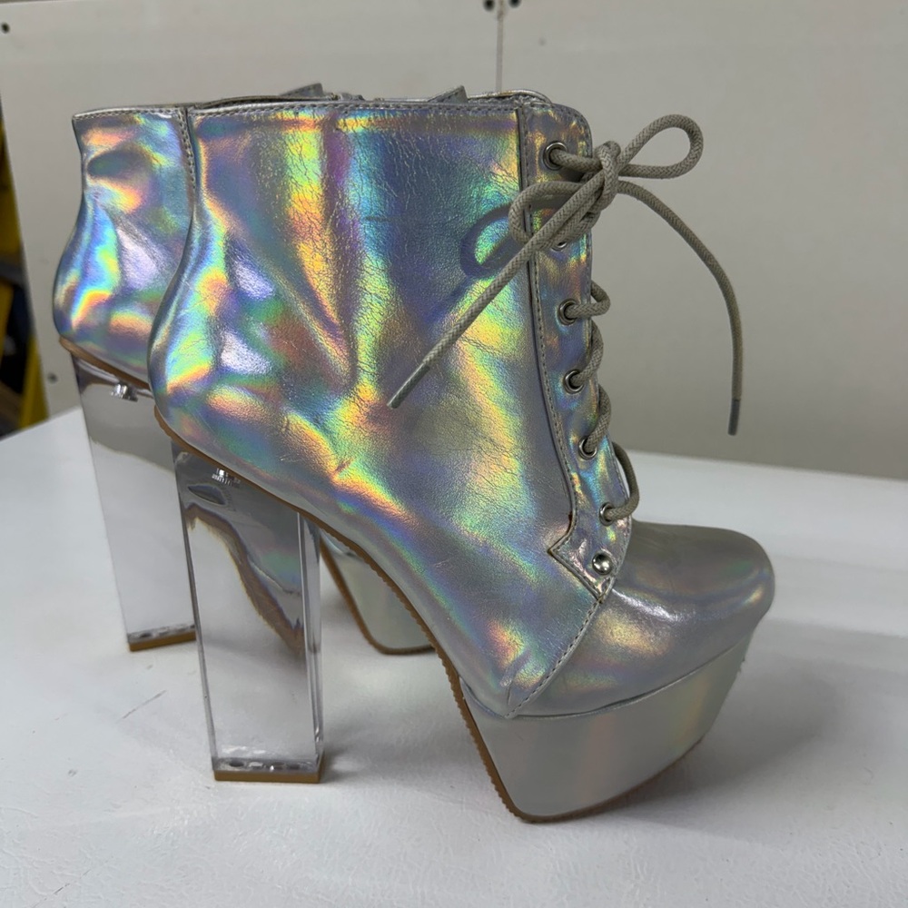 Qupid Iridescent Lace-Up Boots with Clear Heels